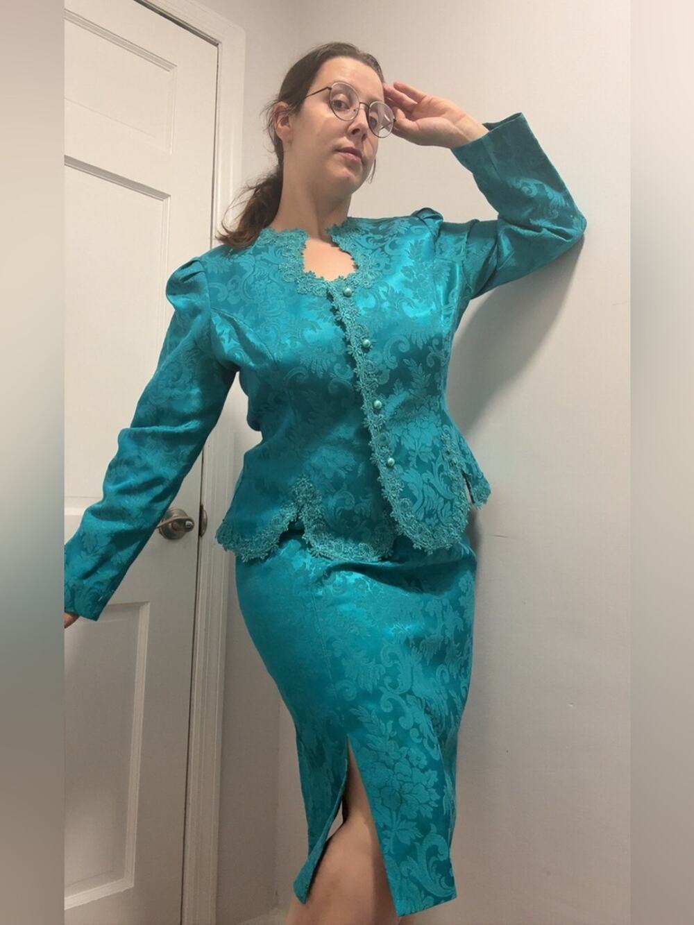 80s brocade teal skirt suit